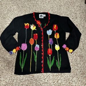Storybook Knit sweater - Floral Black Sweater - Size large